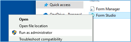 Picture showing Forms - Run as Adminstrator. 